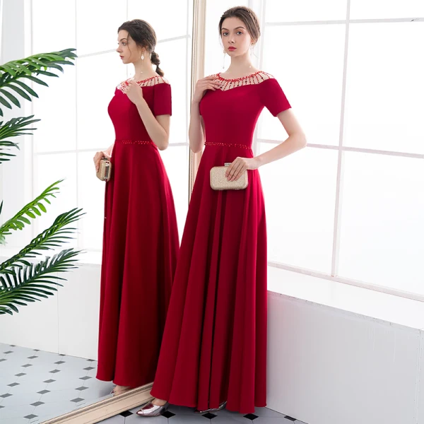 Chic / Belle Bordeaux Robe De Soirée 2018 Princesse Volants Cristal Encolure Dégagée Manches Courtes Longue Robe De Ceremonie