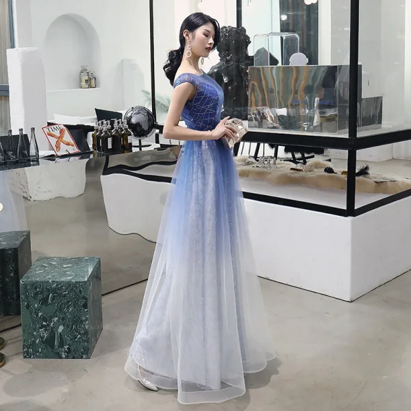 Modern / Fashion Gradient-Color Evening Dresses 2018 A-Line / Princess Metal Sash Sequins Scoop Neck Backless Sleeveless Floor-Length / Long Formal Dresses