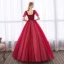Affordable Burgundy Prom Dresses 2018 Ball Gown Lace Appliques Rhinestone V-Neck Backless Short Sleeve Floor-Length / Long Formal Dresses