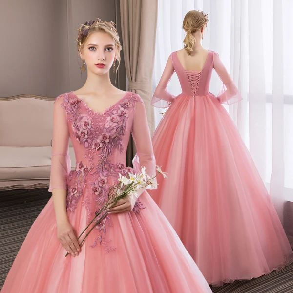Abordable Rose Bonbon Robe De Bal 2018 Robe Boule En Dentelle Fleur Appliques Perle Faux Diamant V-Cou Dos Nu 3/4 Manches Longue Robe De Ceremonie