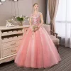 Affordable Candy Pink Prom Dresses 2018 Ball Gown Lace Flower Rhinestone Scoop Neck Sleeveless Backless Floor-Length / Long Formal Dresses