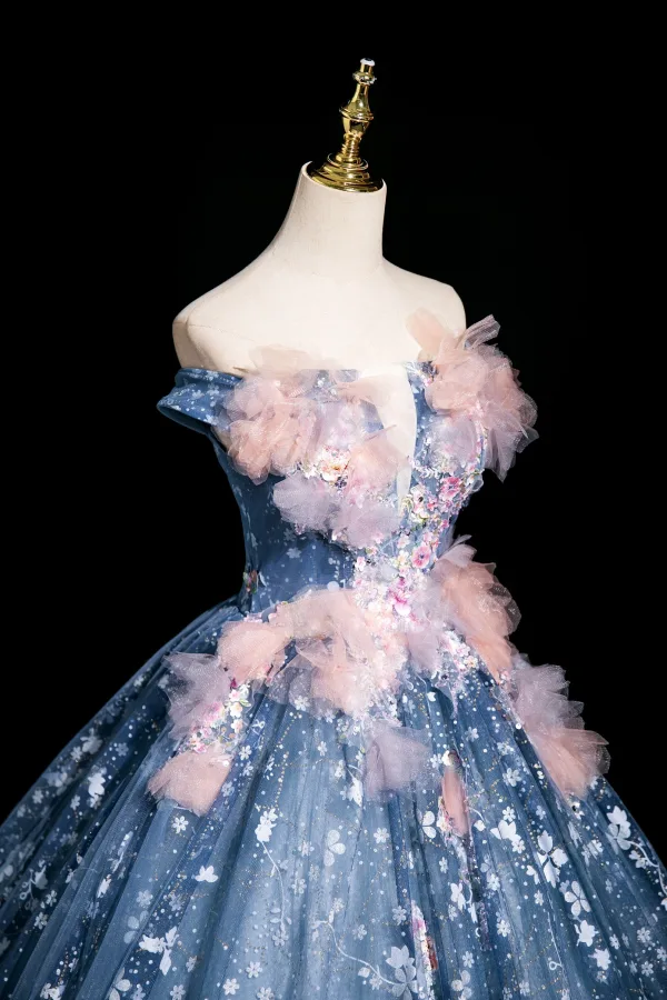 Flower Fairy Sky Blue Beading Sequins Appliques Prom Dresses 2025 Ball Gown Off-The-Shoulder Sleeveless Backless Floor-Length / Long Prom Formal Dresses