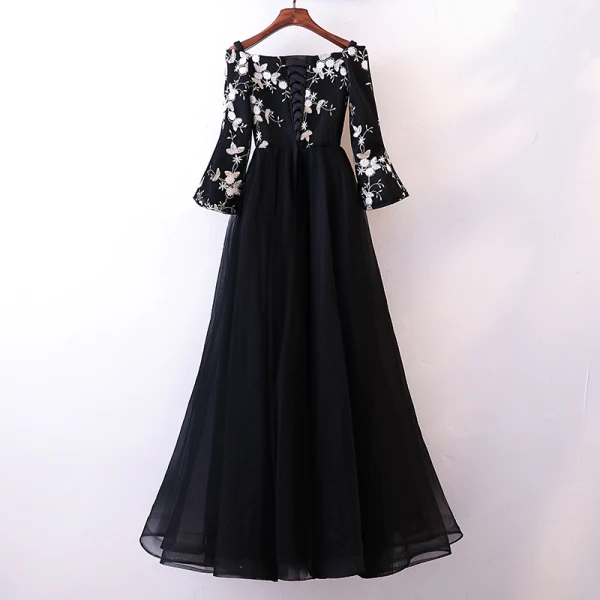Chic / Beautiful Black Evening Dresses 2018 A-Line / Princess Lace Flower Off-The-Shoulder Long Sleeve Floor-Length / Long Formal Dresses