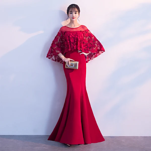 Élégant Robe De Soirée 2018 Trompette / Sirène En Dentelle Fleur Avec Châle Encolure Dégagée Longue Robe De Ceremonie