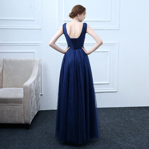 Elegant Navy Blue Prom Dresses 2018 A-Line / Princess Lace Flower Sequins Scoop Neck Backless Sleeveless Floor-Length / Long Formal Dresses