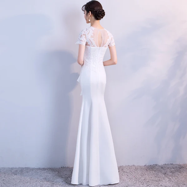 Elegante Weiß Abendkleider 2018 Mermaid Mit Spitze Blumen Pailletten Rundhalsausschnitt Rückenfreies Gespaltete Front Kurze Ärmel Lange Festliche Kleider