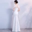 Elegante Weiß Abendkleider 2018 Mermaid Mit Spitze Blumen Pailletten Rundhalsausschnitt Rückenfreies Gespaltete Front Kurze Ärmel Lange Festliche Kleider