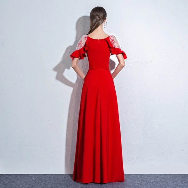 Chic / Beautiful Red Evening Dresses 2018 A-Line / Princess Sash Scoop Neck See-through 1/2 Sleeves Floor-Length / Long Formal Dresses