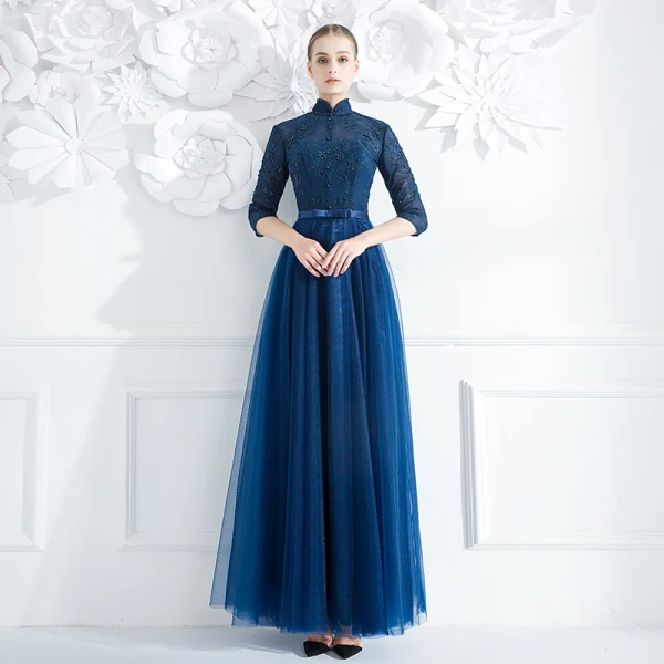 Style Chinois Bleu Marine Robe De Soirée 2018 Princesse Perlage Paillettes Noeud Col Haut 3/4 Manches Longueur Cheville Robe De Ceremonie