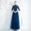 Chinese style Navy Blue Evening Dresses  2018 A-Line / Princess Beading Sequins Bow High Neck 3/4 Sleeve Ankle Length Formal Dresses