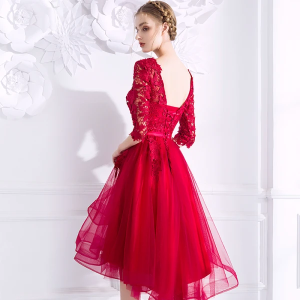 Chic / Beautiful Burgundy Homecoming Graduation Dresses 2018 A-Line / Princess Lace Appliques Sash Scoop Neck Backless 3/4 Sleeve Short Formal Dresses