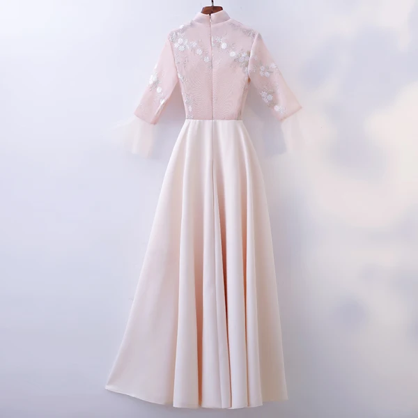 Chic / Beautiful Champagne Prom Dresses 2018 A-Line / Princess Lace Flower High Neck 3/4 Sleeve Floor-Length / Long Formal Dresses