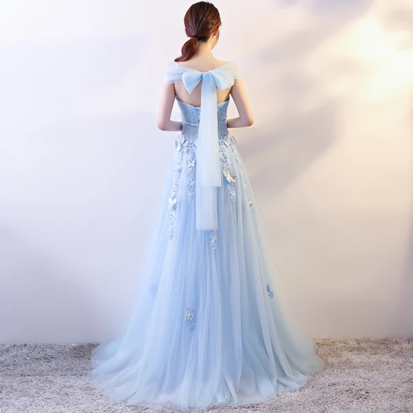 Elegante Himmelblau Abendkleider 2018 Empire Schmetterling Applikationen Schleife Stoffgürtel V-Ausschnitt Ärmellos Lange Festliche Kleider
