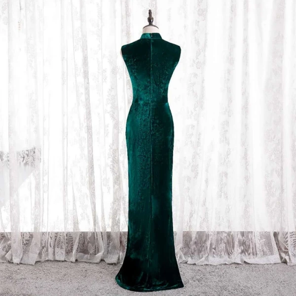 Chinese style Dark Green Cheongsam / Qipao Trumpet / Mermaid Evening Dresses 2021 High Neck Sleeveless Suede Evening Party Floor-Length / Long Formal Dresses