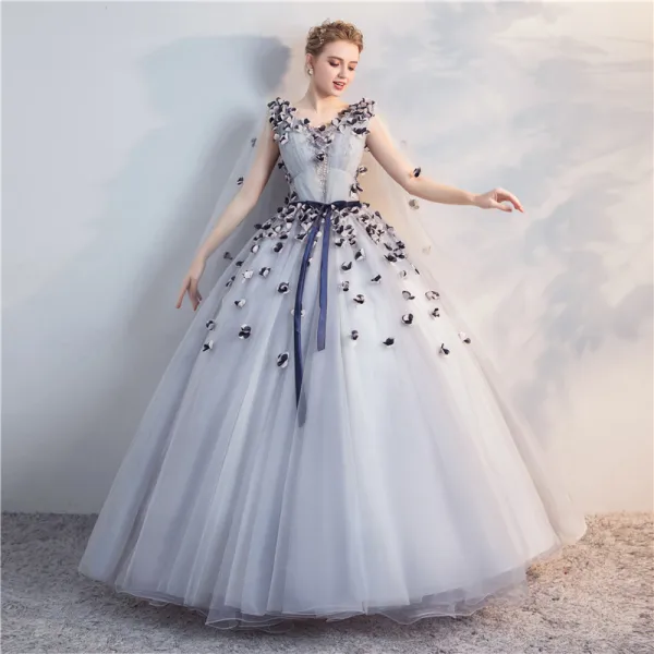 Abordable Rose Bonbon Robe De Bal 2018 Robe Boule En Dentelle Fleur Appliques Noeud V-Cou Dos Nu Manches Longues Longue Robe De Ceremonie