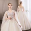 Abordable Champagne Robe De Bal 2018 Robe Boule En Dentelle Fleur Perle Faux Diamant V-Cou Dos Nu Sans Manches Longue Robe De Ceremonie