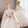 Affordable Champagne Prom Dresses 2018 Ball Gown Lace Flower Pearl Rhinestone V-Neck Backless Sleeveless Floor-Length / Long Formal Dresses