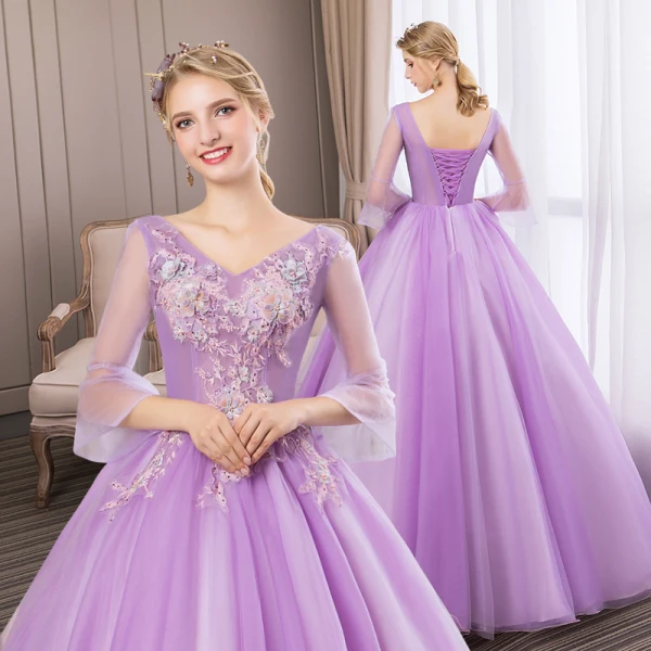 Affordable Lilac Prom Dresses 2018 Ball Gown Lace Flower Pearl Rhinestone V-Neck Backless 3/4 Sleeve Floor-Length / Long Formal Dresses