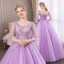 Affordable Lilac Prom Dresses 2018 Ball Gown Lace Flower Pearl Rhinestone V-Neck Backless 3/4 Sleeve Floor-Length / Long Formal Dresses