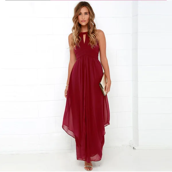 Simple Désinvolte Bordeaux Robes longues 2018 Princesse Dos Nu Encolure Dégagée Sans Manches Longueur Cheville Vêtements Femme