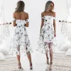 Modern / Fashion White Dating Maxi Dresses 2018 A-Line / Princess Printing Off-The-Shoulder Short Sleeve Tea-length Womens Clothing