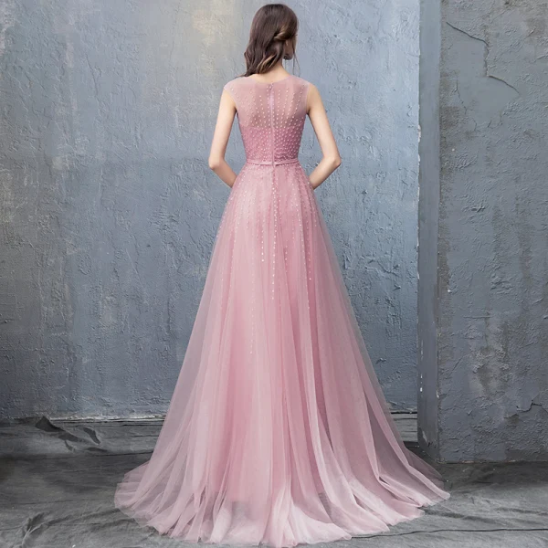 Simple Rose Bonbon Robe De Soirée 2018 Princesse Perlage Paillettes Encolure Dégagée Sans Manches Train De Balayage Robe De Ceremonie