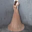 Modest / Simple Champagne Evening Dresses  2018 A-Line / Princess Tulle Flower V-Neck Backless Sleeveless Sweep Train Formal Dresses