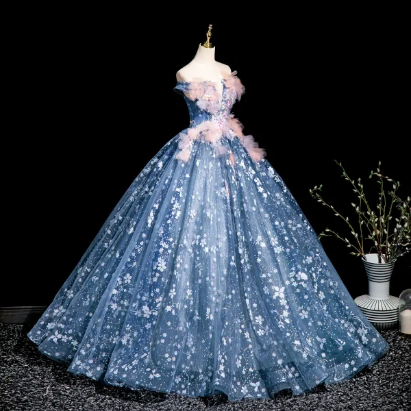 Flower Fairy Sky Blue Beading Sequins Appliques Prom Dresses 2025 Ball Gown Off-The-Shoulder Sleeveless Backless Floor-Length / Long Prom Formal Dresses