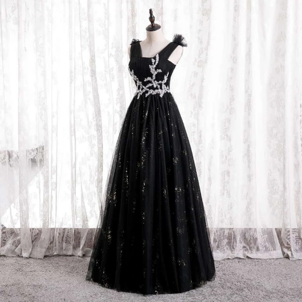 Chic / Belle Noire Robe De Bal 2021 Princesse V-Cou Volants Faux Diamant Paillettes Longue Sans Manches Dos Nu Robe De Ceremonie