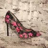 Chic / Beautiful Black Prom Pumps 2018 Lace Flower Pointed Toe Pumps