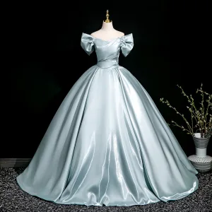 Chic Belle Bleu Ciel Robe De Bal 2025 Robe Boule De L Épaule Manches Courtes Dos Nu Longue Promo Robe De Ceremonie