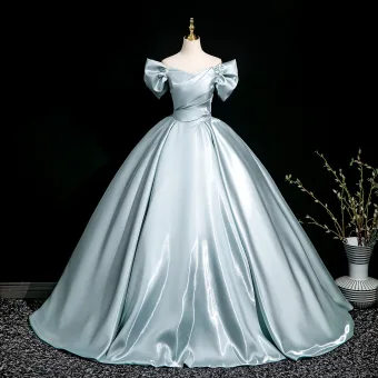 Chic Belle Bleu Ciel Robe De Bal 2025 Robe Boule De L Épaule Manches Courtes Dos Nu Longue Promo Robe De Ceremonie