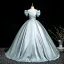 Chic / Beautiful Sky Blue Prom Dresses 2025 Ball Gown Off-The-Shoulder Short Sleeve Backless Floor-Length / Long Prom Formal Dresses