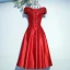 Chic / Beautiful Red Formal Dresses Graduation Dresses 2017 Lace Flower Rhinestone Tea-length Square Neckline Short Sleeve A-Line / Princess