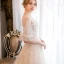 Élégant Champagne Robe De Mariée 2018 Princesse Appliques Encolure Dégagée 1/2 Manches Dos Nu Tribunal Train Mariage