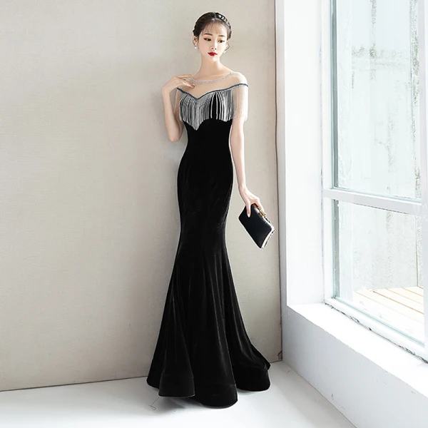 Elegant Navy Blue Evening Dresses 2018 Trumpet / Mermaid Beading Tassel Suede Scoop Neck Backless Short Sleeve Floor-Length / Long Formal Dresses