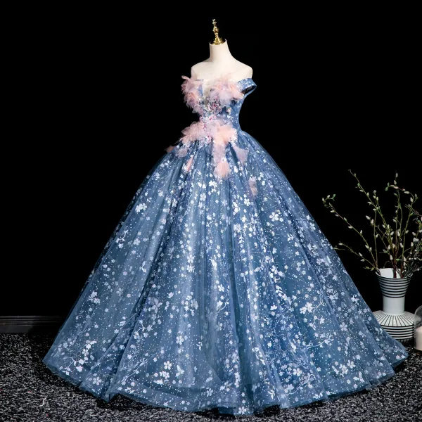 Flower Fairy Sky Blue Beading Sequins Appliques Prom Dresses 2025 Ball Gown Off-The-Shoulder Sleeveless Backless Floor-Length / Long Prom Formal Dresses