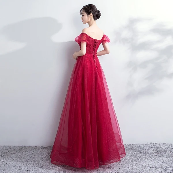 Elegant Burgundy Prom Dresses 2018 Empire Lace Flower Crystal Beading Off-The-Shoulder Backless Sleeveless Floor-Length / Long Formal Dresses