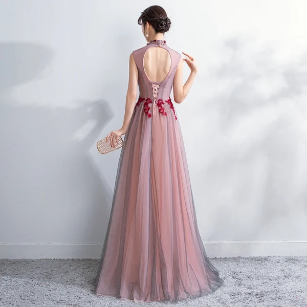 Chinese style Evening Dresses  2018 A-Line / Princess Crystal Lace Flower Appliques High Neck Backless See-through Sleeveless Floor-Length / Long Formal Dresses