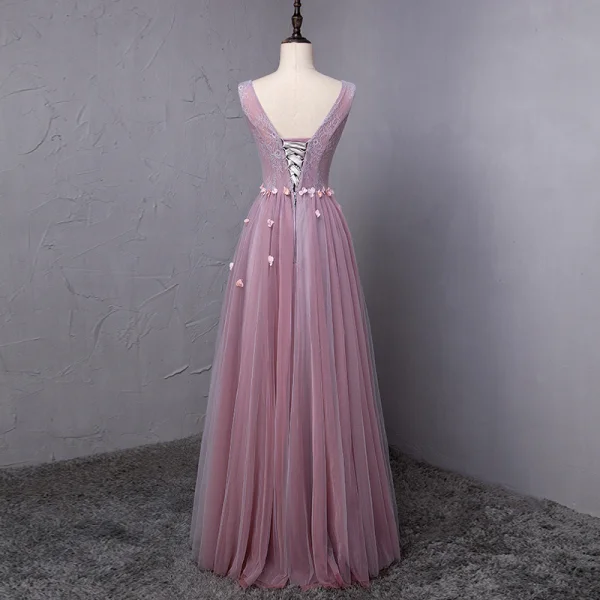 Elegant Blushing Pink Prom Dresses 2018 A-Line / Princess Appliques Crystal Pearl V-Neck Backless Sleeveless Floor-Length / Long Formal Dresses