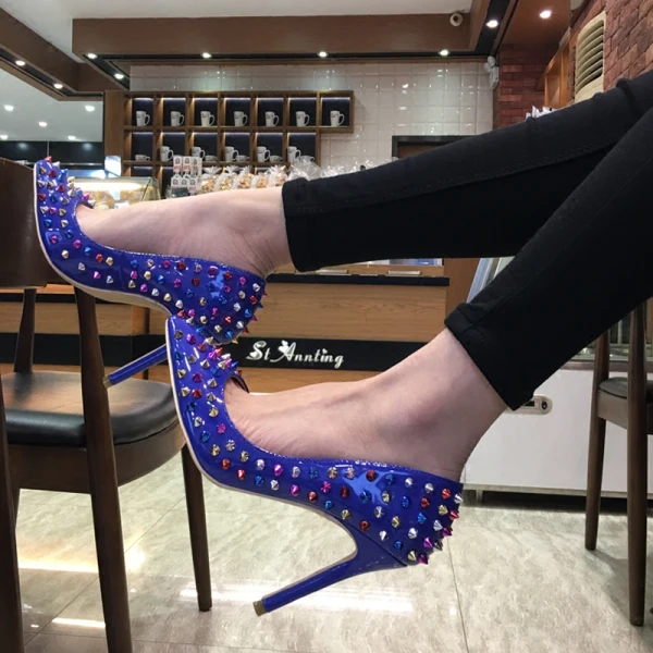Schöne Königliches Blau Ball Pumps 2018 Niet Leder 12 cm Stilettos Spitzschuh Pumps