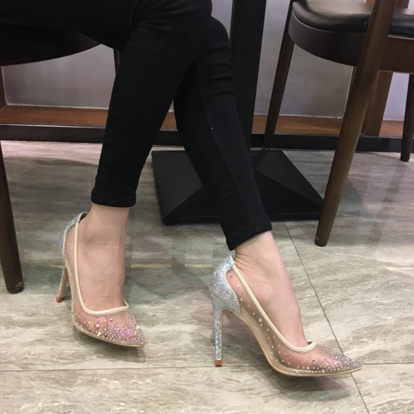 Schöne Nude Ball Pumps 2018 Strass Pailletten Leder 10 cm Stilettos Spitzschuh Pumps