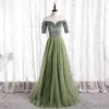 Glamorous Sage Green Prom Dresses 2021 A-Line / Princess Scoop Neck Suede 1/2 Sleeves Backless Floor-Length / Long Formal Dresses