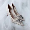 Chic / Beautiful Red Wedding Shoes 2018 Lace Rhinestone Butterfly 8 cm Pointed Toe Pumps