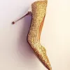 Sparkly Gradient-Color Gold Burgundy Womens Shoes 2018 Sequins Leather 9 cm Stiletto Heels Pointed Toe Prom Pumps