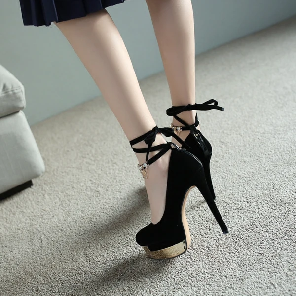 Sexy Black Womens Shoes 2018 Evening Party Metal Rhinestone Ankle Strap 13 cm Stiletto Heels Platform Round Toe Pumps