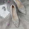 Sparkly Silver Wedding Shoes 2018 Lace Crystal Sequins Leather 8 cm Stiletto Heels Pointed Toe Pumps