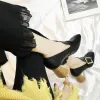 Vintage Black Casual Womens Shoes 2018 Metal Buckle 6 cm Thick Heels Square Toe Pumps