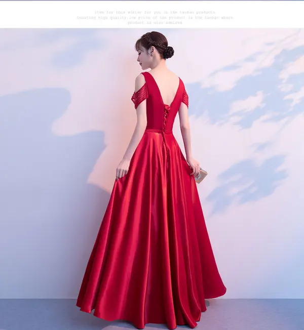 Elegant Burgundy Prom Dresses 2019 A-Line / Princess Ruffle Beading V-Neck Backless Short Sleeve Floor-Length / Long Formal Dresses