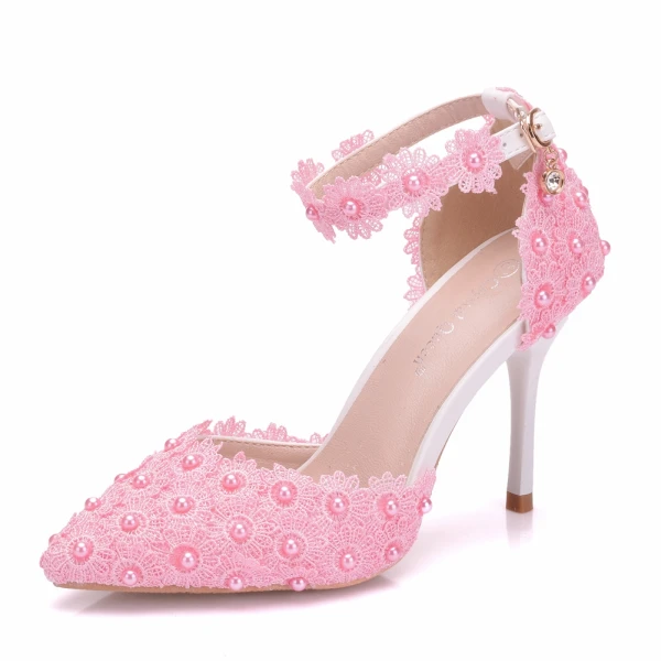 Charming Ivory Wedding Shoes 2018 Lace Rhinestone Pearl Ankle Strap 9 cm Stiletto Heels Wedding